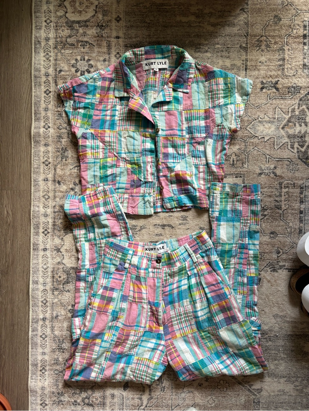 Kurt Lyle The Benita Blouse size S in Plaid Patch Madras set cargo pants size 2